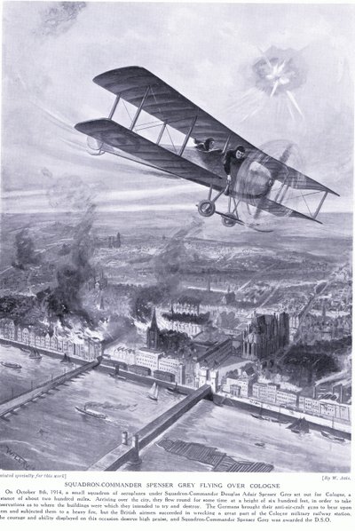 Squadron Commander Spenser Grey awarded DSO for flying over Cologne and bombing a military railway station Oct 1914 by W. Avis